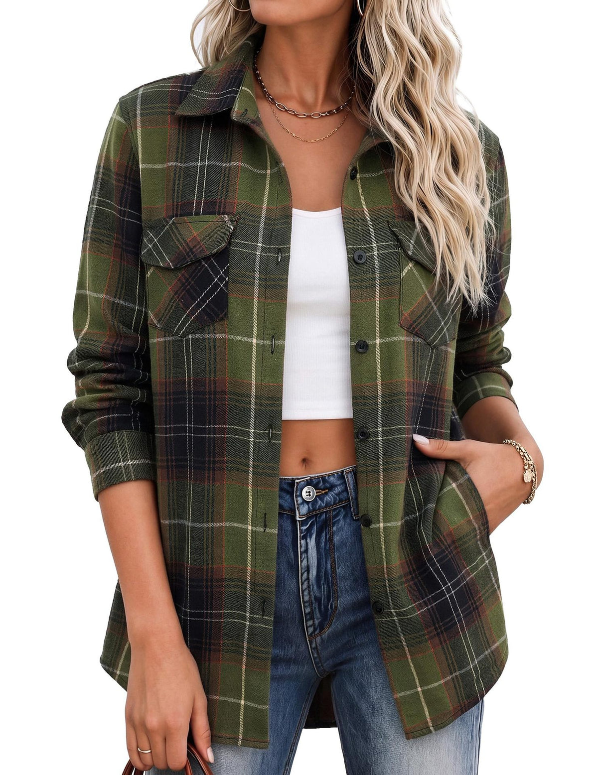 Relaxed Plaid Flannel Longline Shirt - Forest