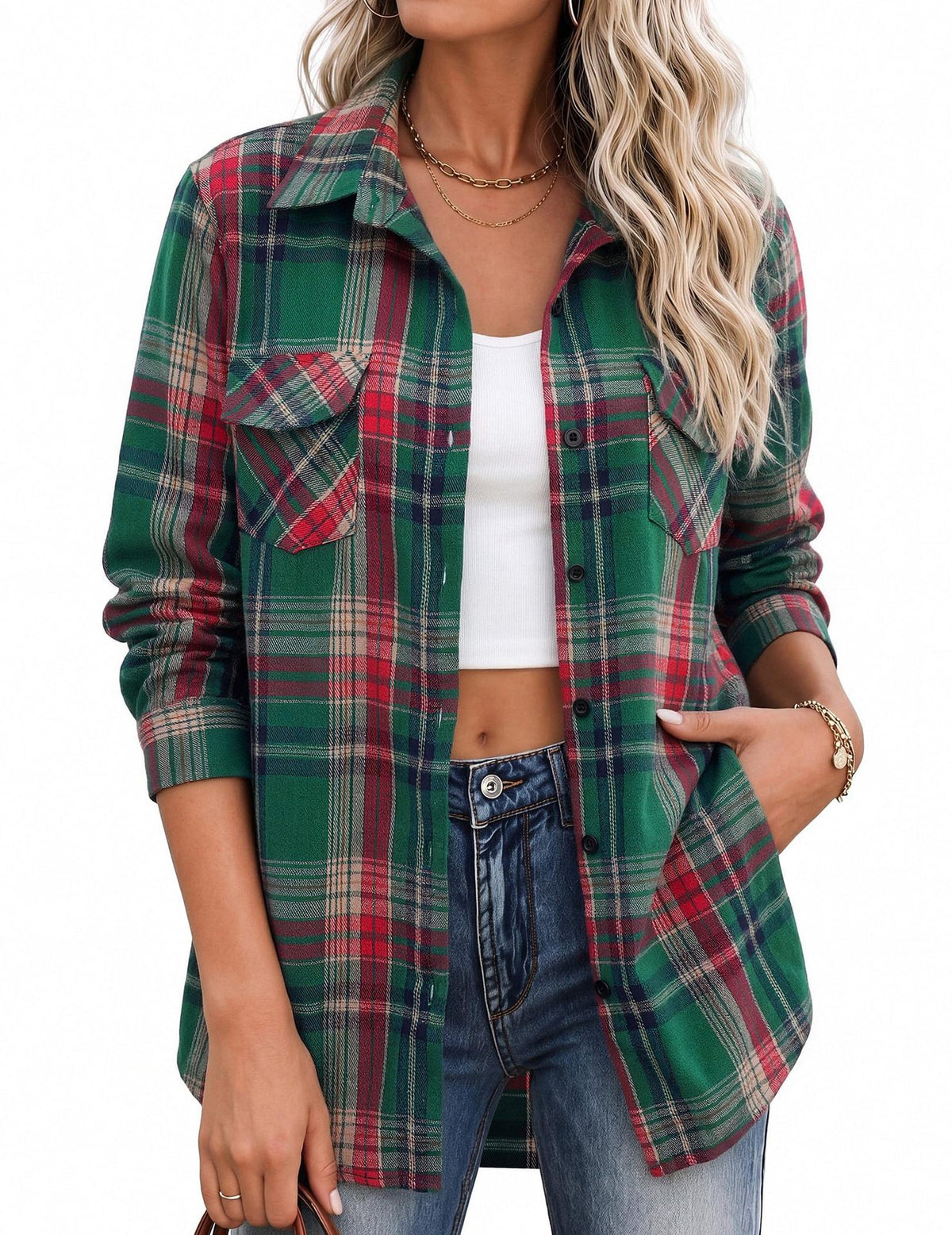 Relaxed Plaid Flannel Longline Shirt - Green