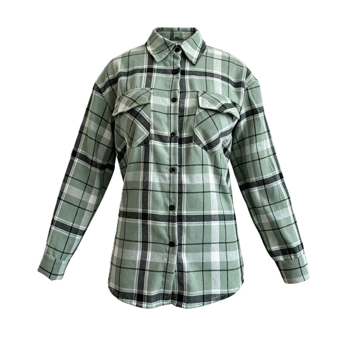 Relaxed Plaid Flannel Longline Shirt - Matcha
