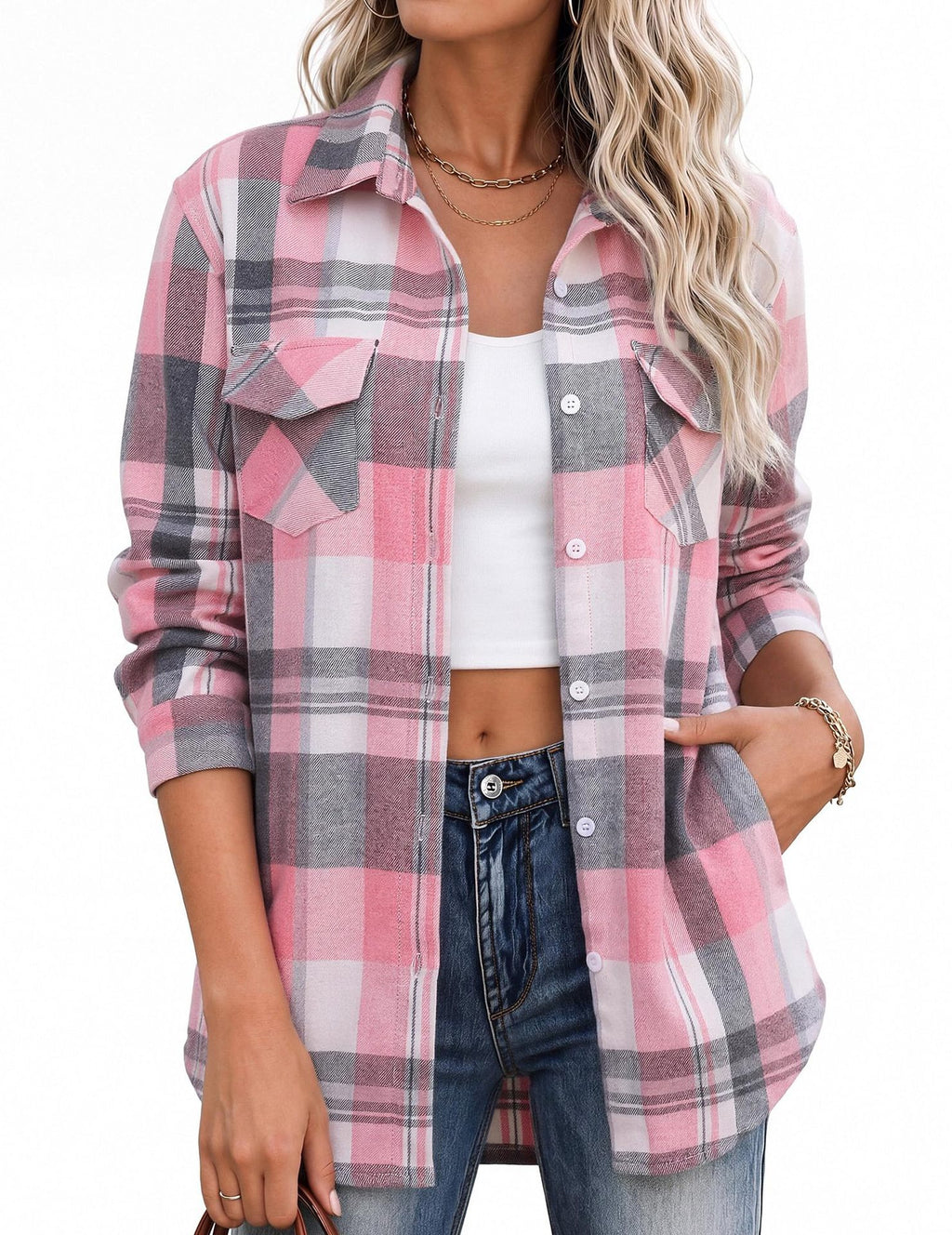Relaxed Plaid Flannel Longline Shirt - Pink