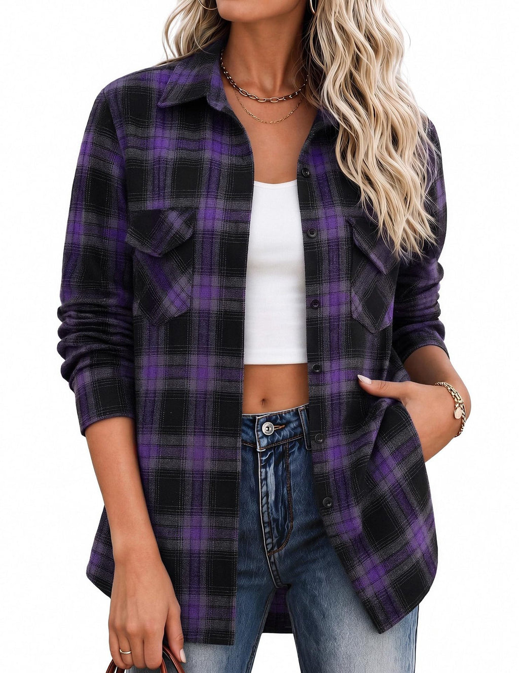 Relaxed Plaid Flannel Longline Shirt - Purple