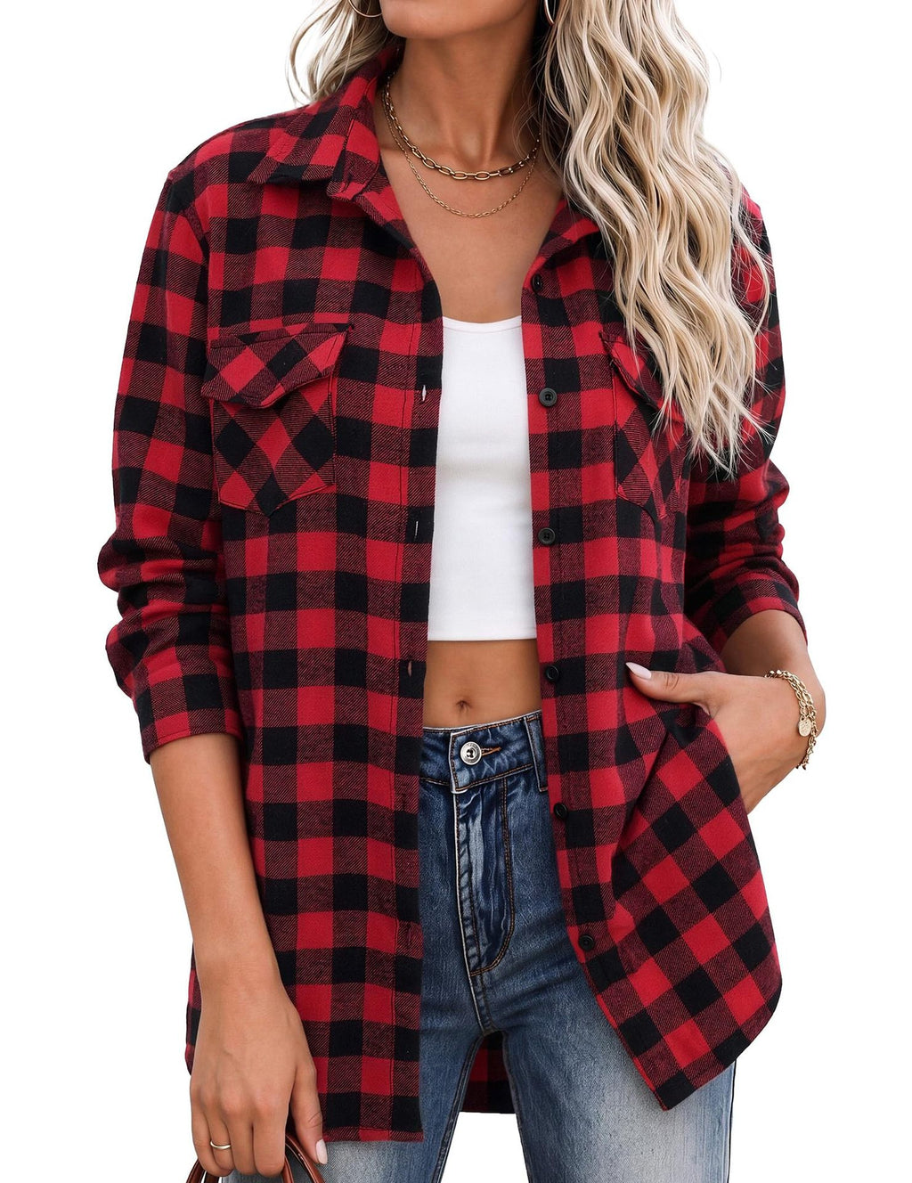 Relaxed Plaid Flannel Longline Shirt - Red