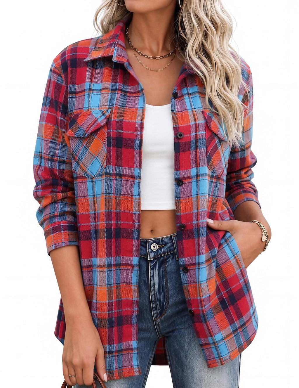 Relaxed Plaid Flannel Longline Shirt - RedBlue