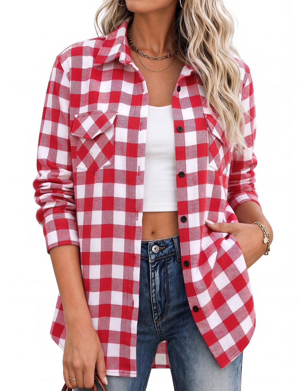 Relaxed Plaid Flannel Longline Shirt - RedWhite