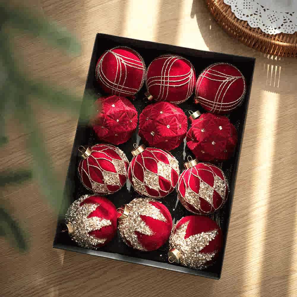 Flocked Christmas Ball Ornaments Boxed Set of 12 - C1-12PCS