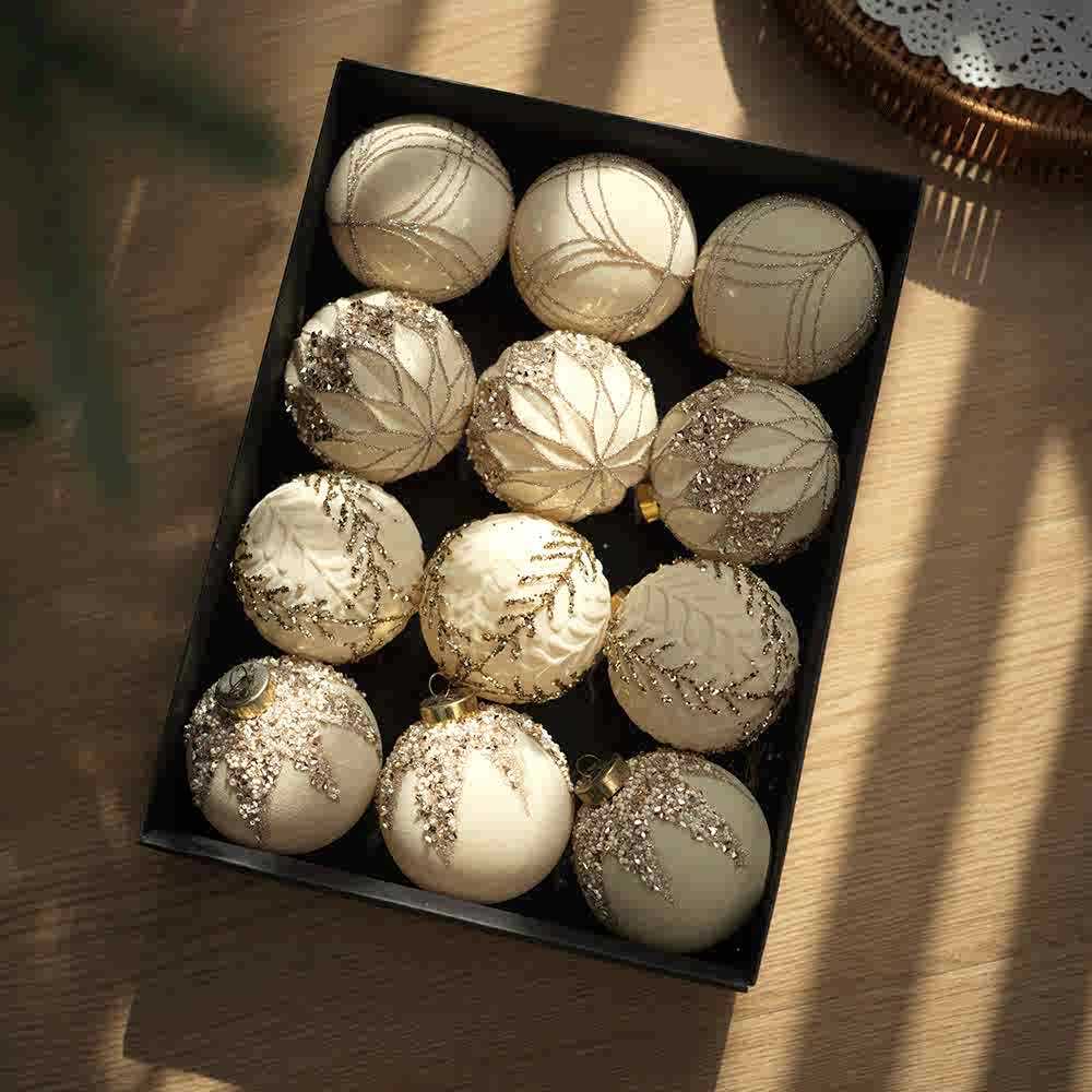 Flocked Christmas Ball Ornaments Boxed Set of 12 - C2-12PCS