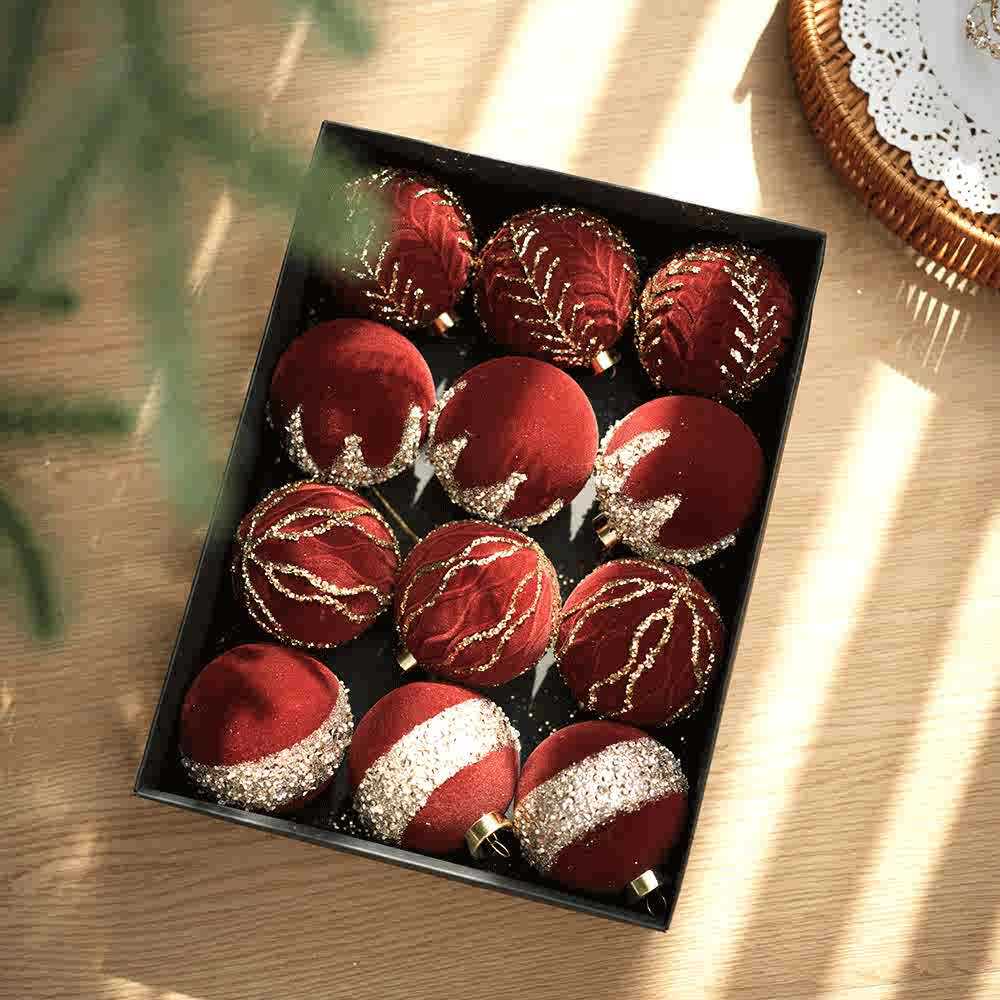 Flocked Christmas Ball Ornaments Boxed Set of 12 - C3-12PCS