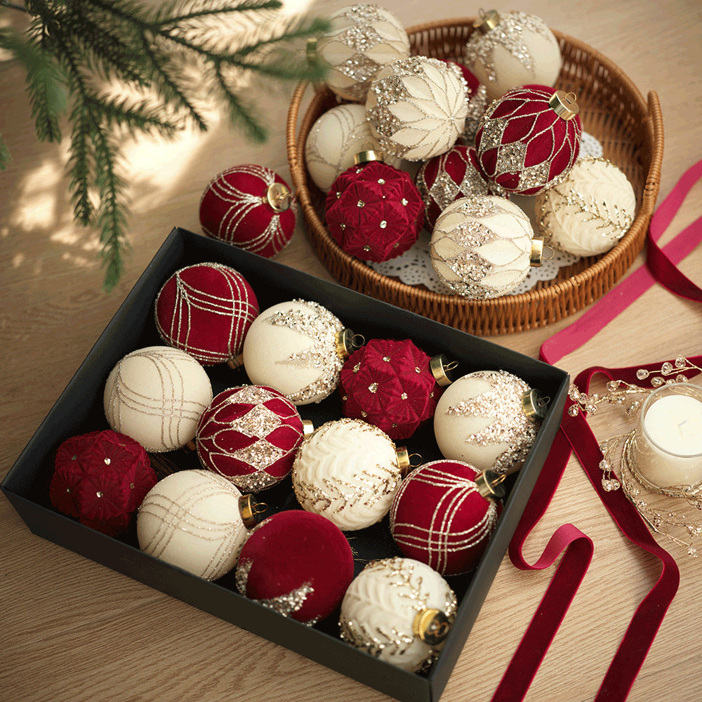Flocked Christmas Ball Ornaments Boxed Set of 12