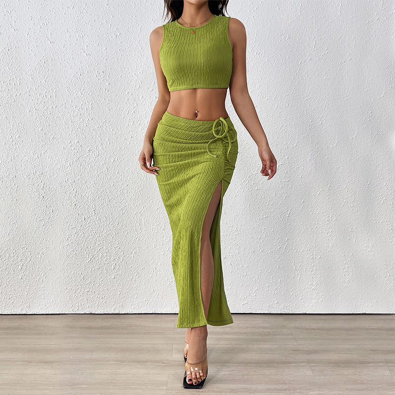 Ribbed Crop Tank and Slit Maxi Skirt Set - Green - 3