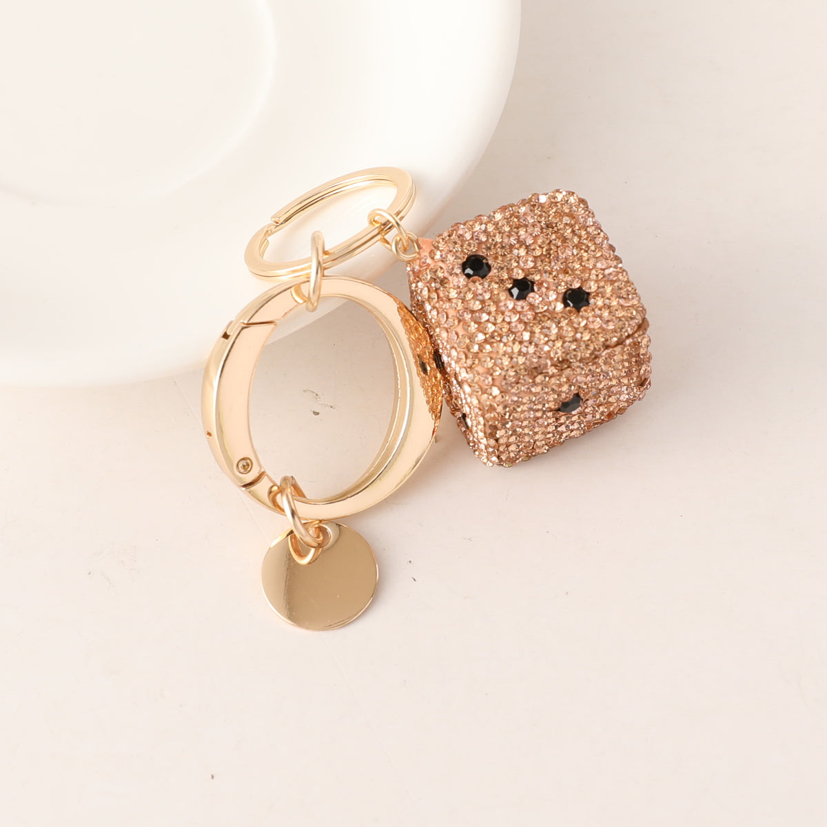 Rhinestone Dice Charm Keychain - Champagne