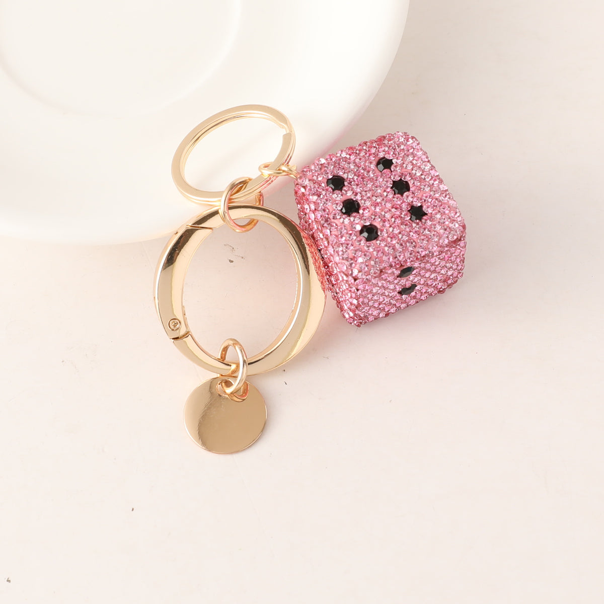Rhinestone Dice Charm Keychain - Pink