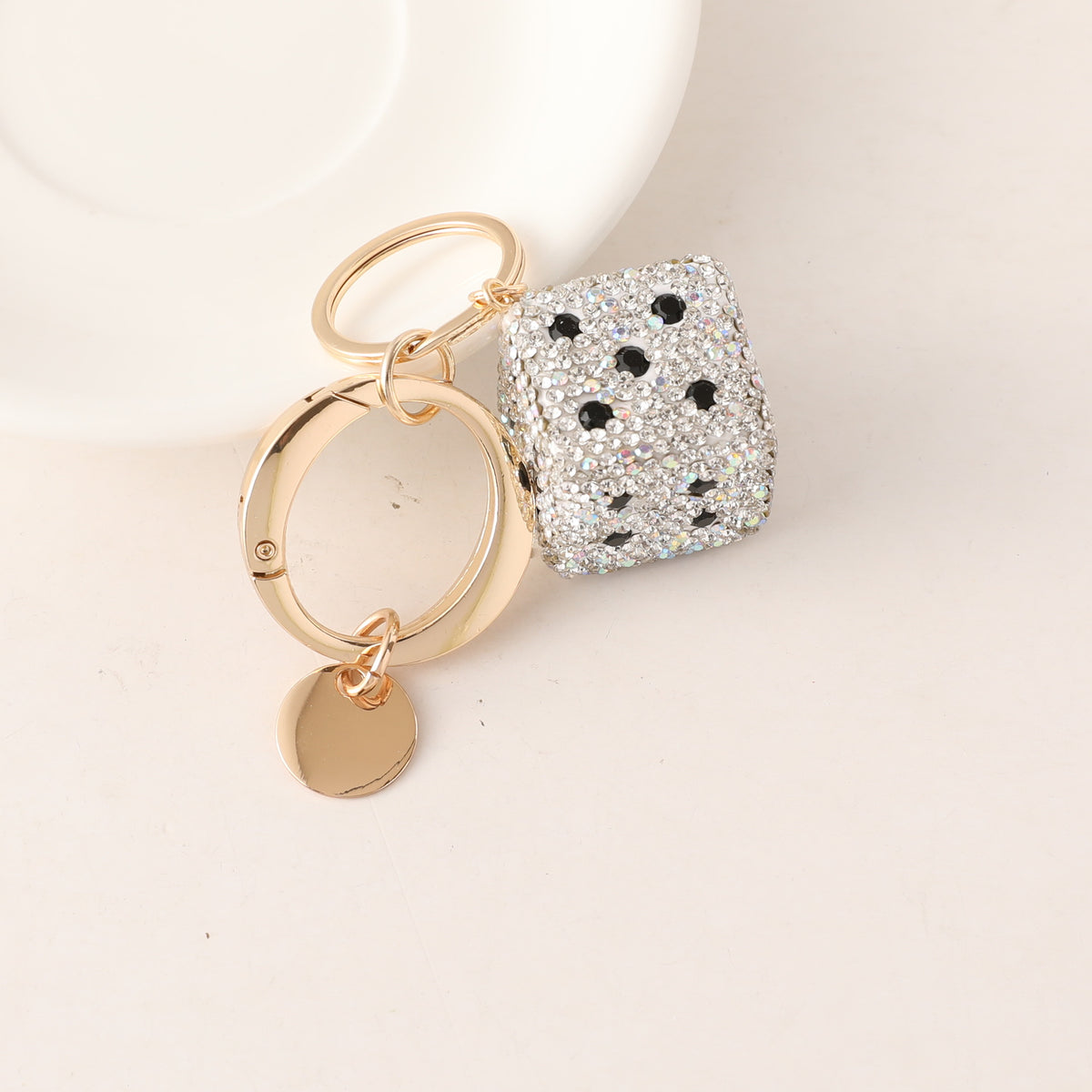 Rhinestone Dice Charm Keychain - White