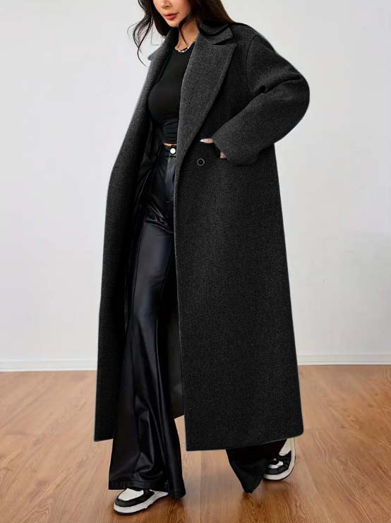 Oversized Notch Lapel Maxi Length Coat - Black
