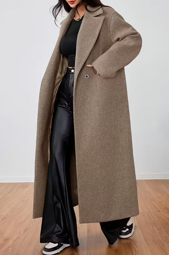 Oversized Notch Lapel Maxi Length Coat - Brown