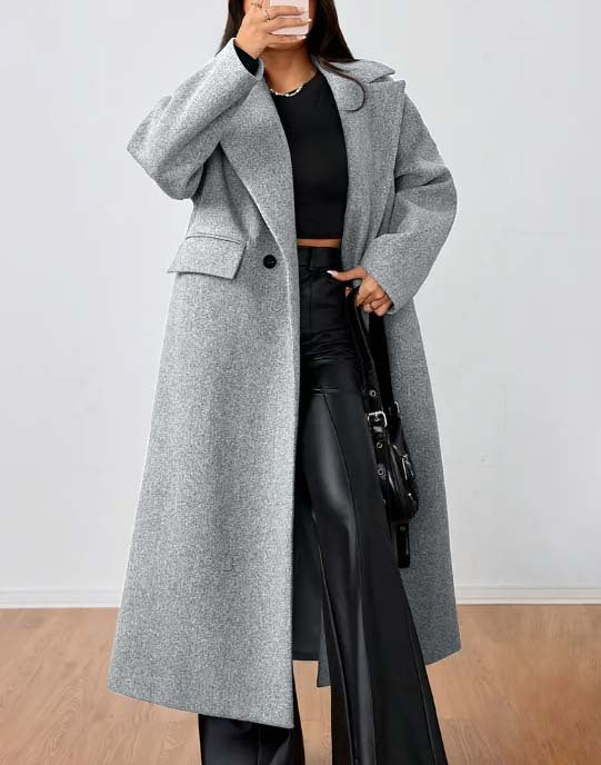 Oversized Notch Lapel Maxi Length Coat - Grey