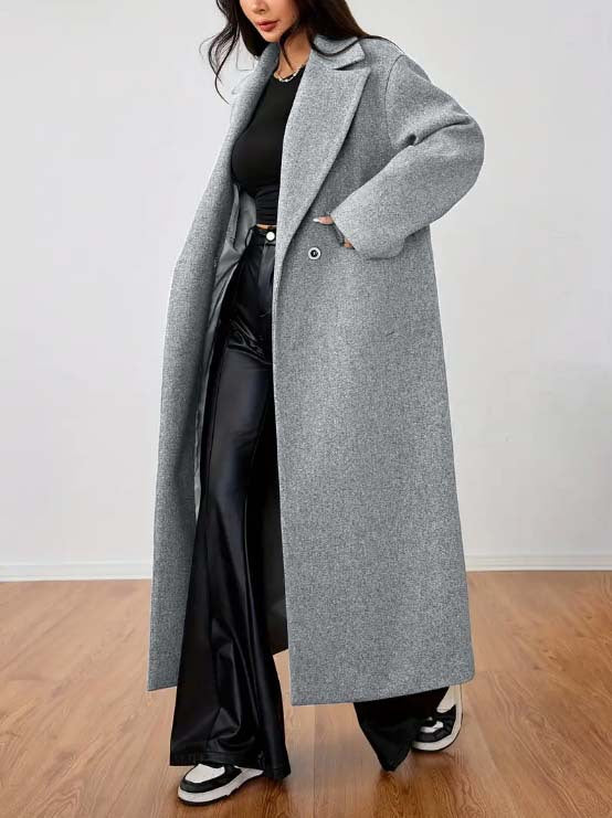 Oversized Notch Lapel Maxi Length Coat - Grey - 4
