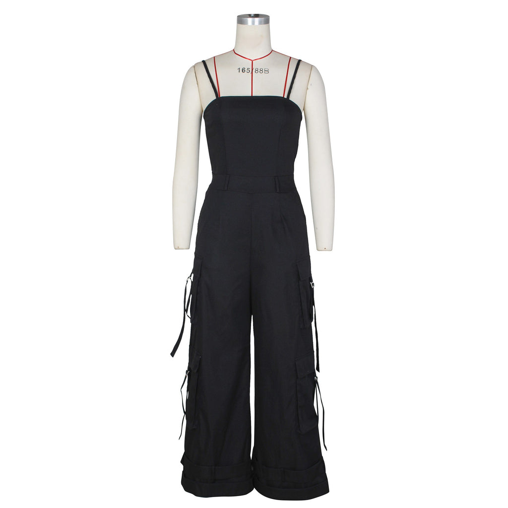 Cargo Pocket Strappy Wide Leg Jumpsuit - Black