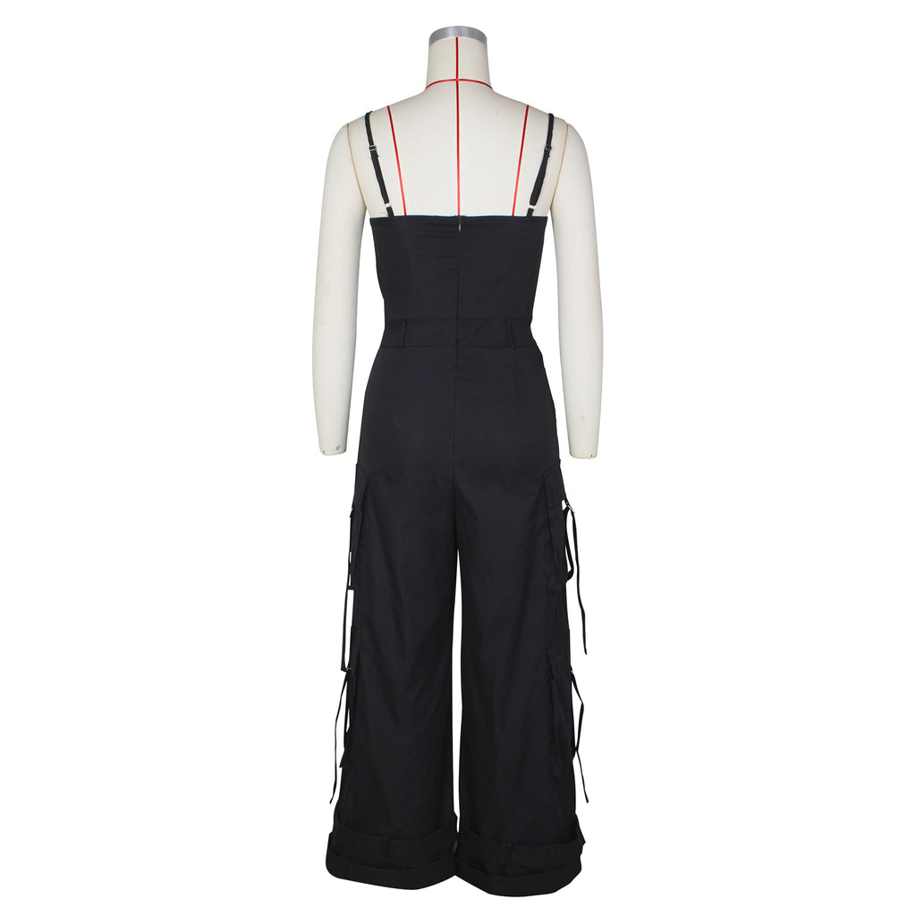 Cargo Pocket Strappy Wide Leg Jumpsuit - Black - 2