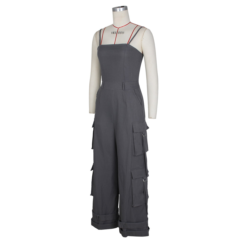 Cargo Pocket Strappy Wide Leg Jumpsuit - Grey - 1