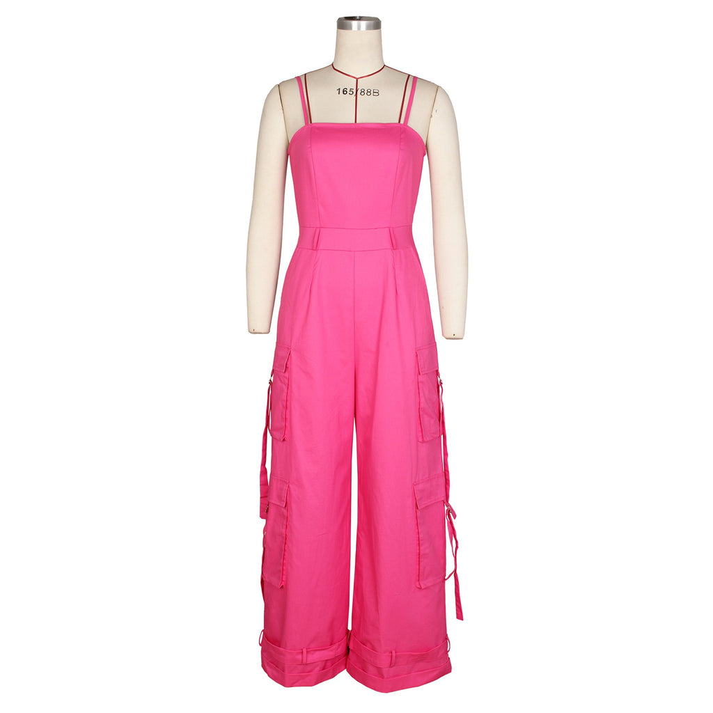 Cargo Pocket Strappy Wide Leg Jumpsuit - Rosered - 1