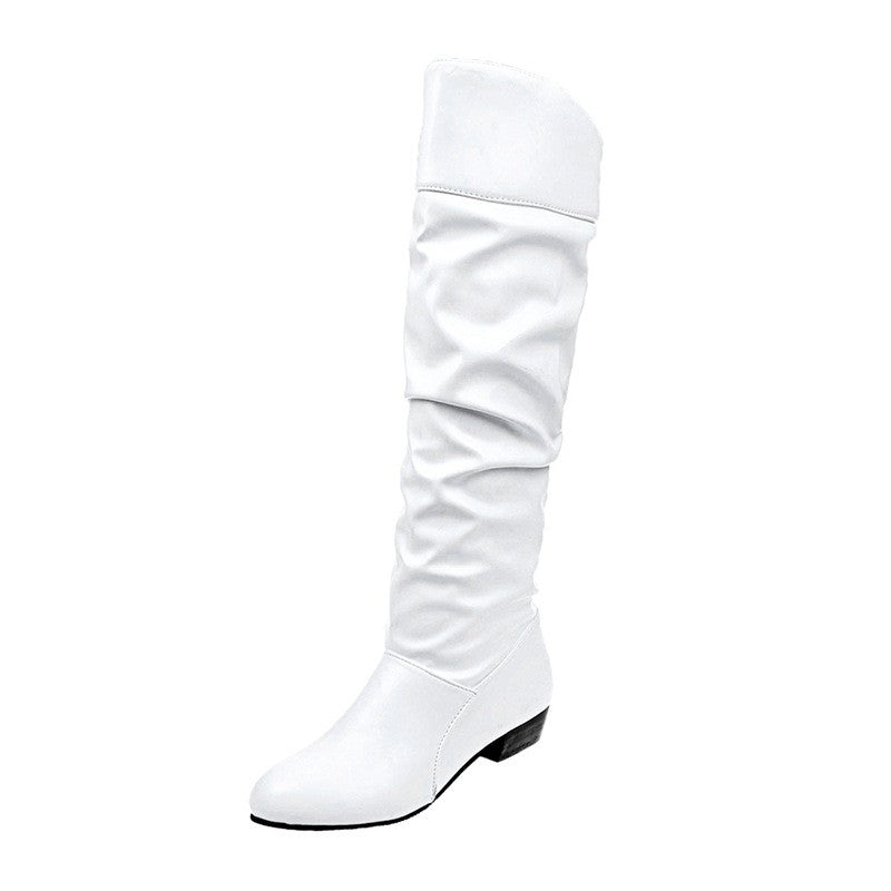 Ruched Faux Leather Fold Over Knee High Boots