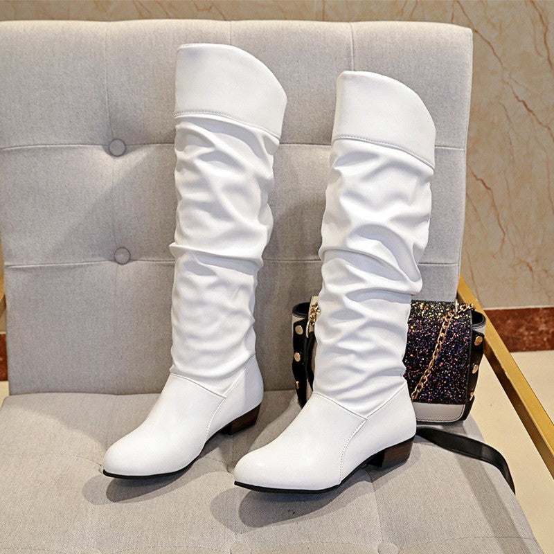 Ruched Faux Leather Fold Over Knee High Boots