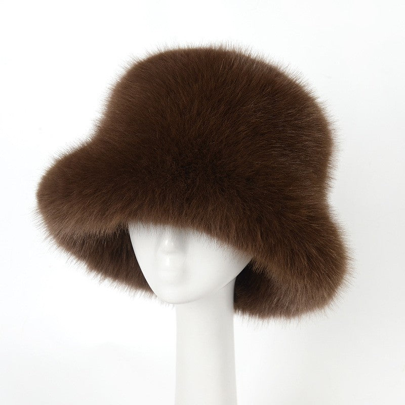 Thick Fluffy Faux Fur Bucket Hat - Coffee