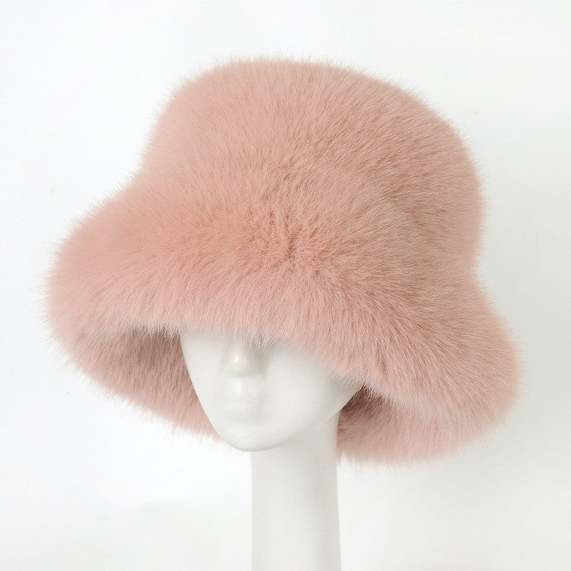 Thick Fluffy Faux Fur Bucket Hat - Dusty Pink
