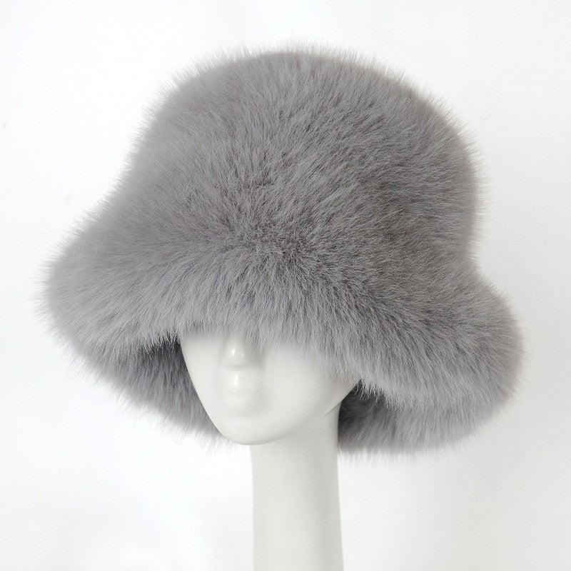 Thick Fluffy Faux Fur Bucket Hat - Gray