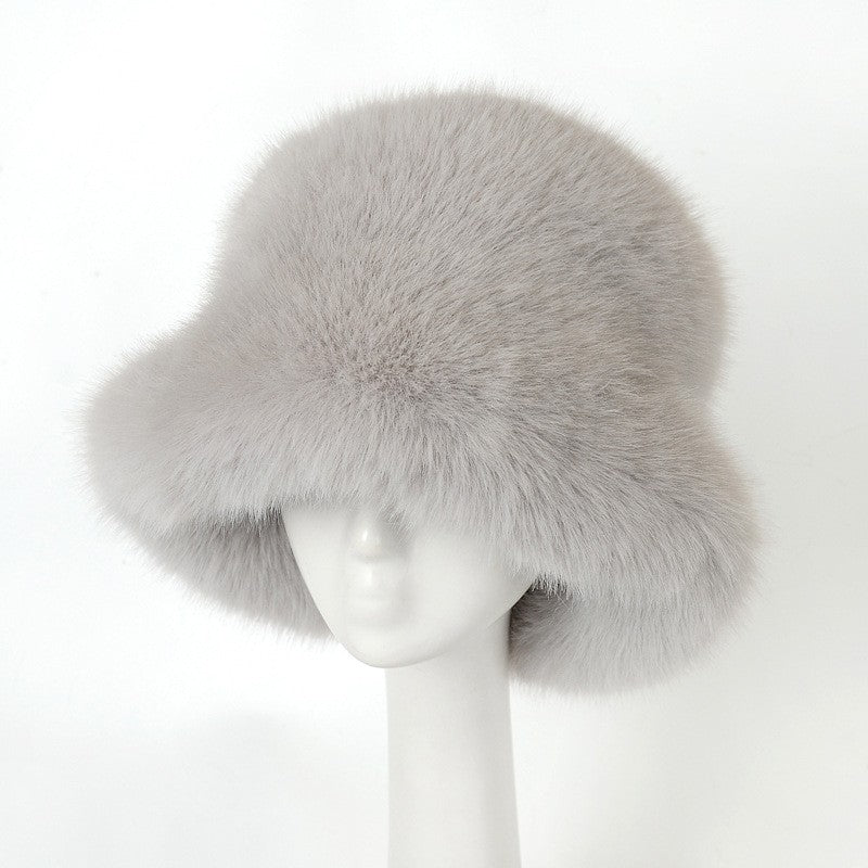 Thick Fluffy Faux Fur Bucket Hat - Light Gray