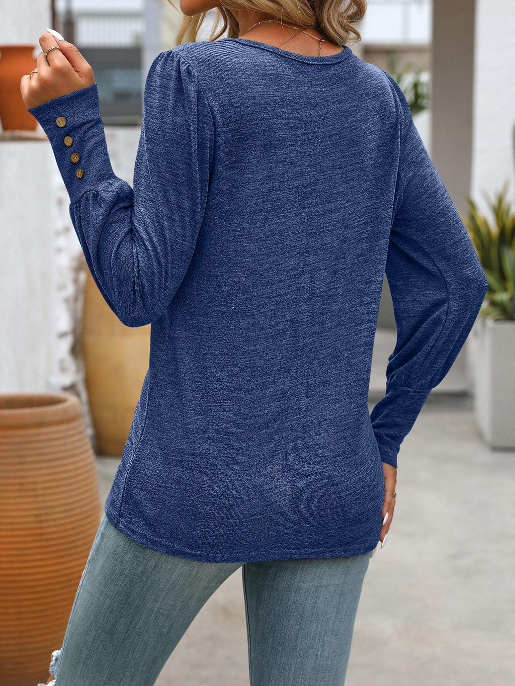 Long Sleeve Knit Shirt With Buttoned Cuffs - Blue - 1