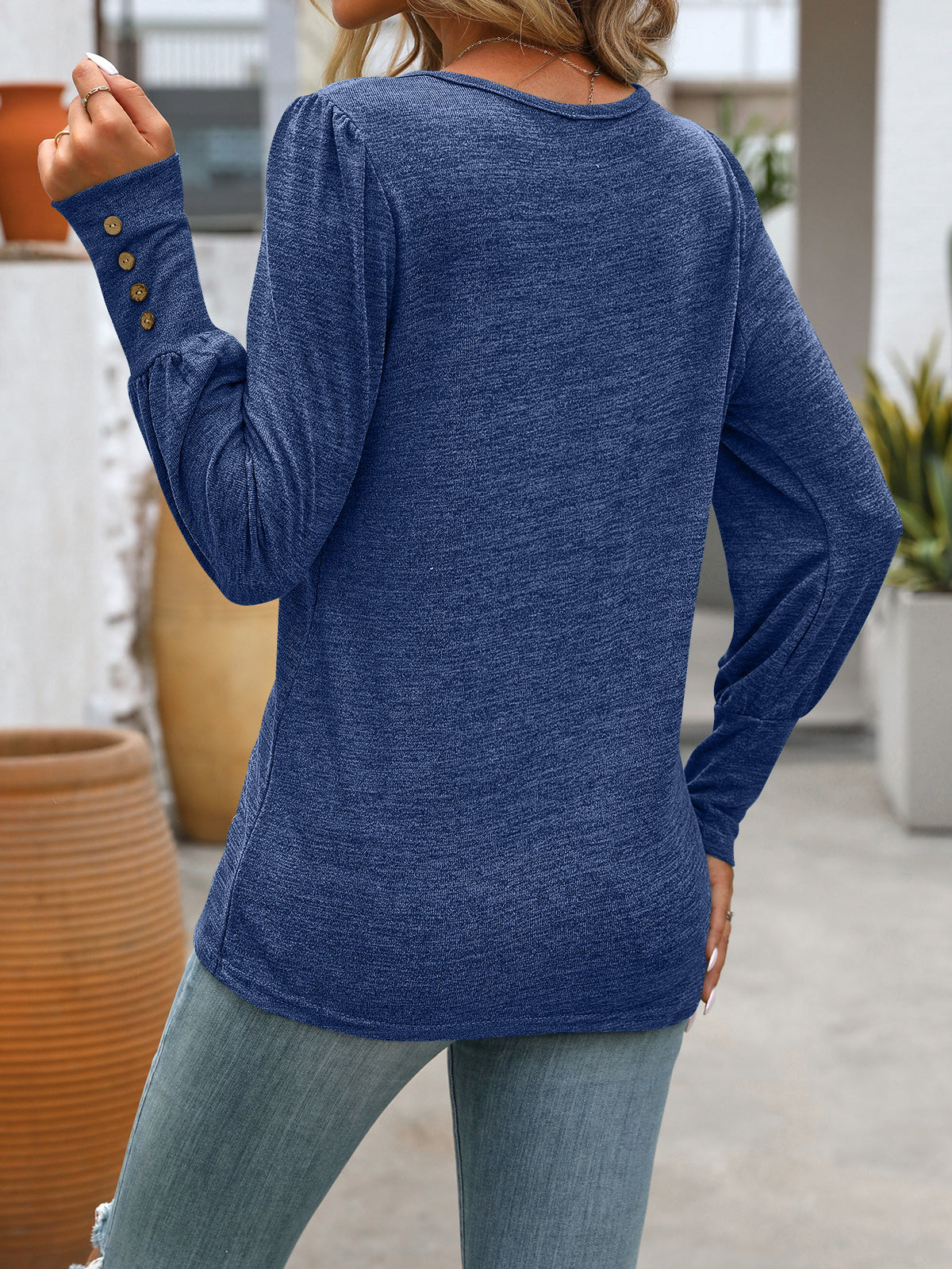 Long Sleeve Knit Shirt With Buttoned Cuffs - Blue - 1