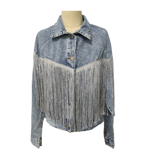 Acid Wash Fringe Yoke Denim Jacket