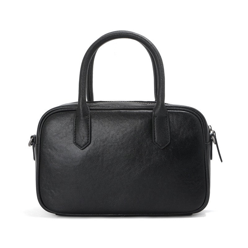Genuine Leather Mini Bowling Bag with Top Handles - Black