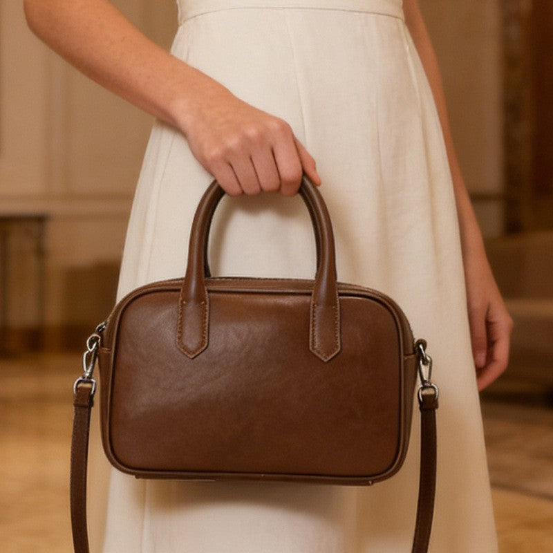 Genuine Leather Mini Bowling Bag with Top Handles
