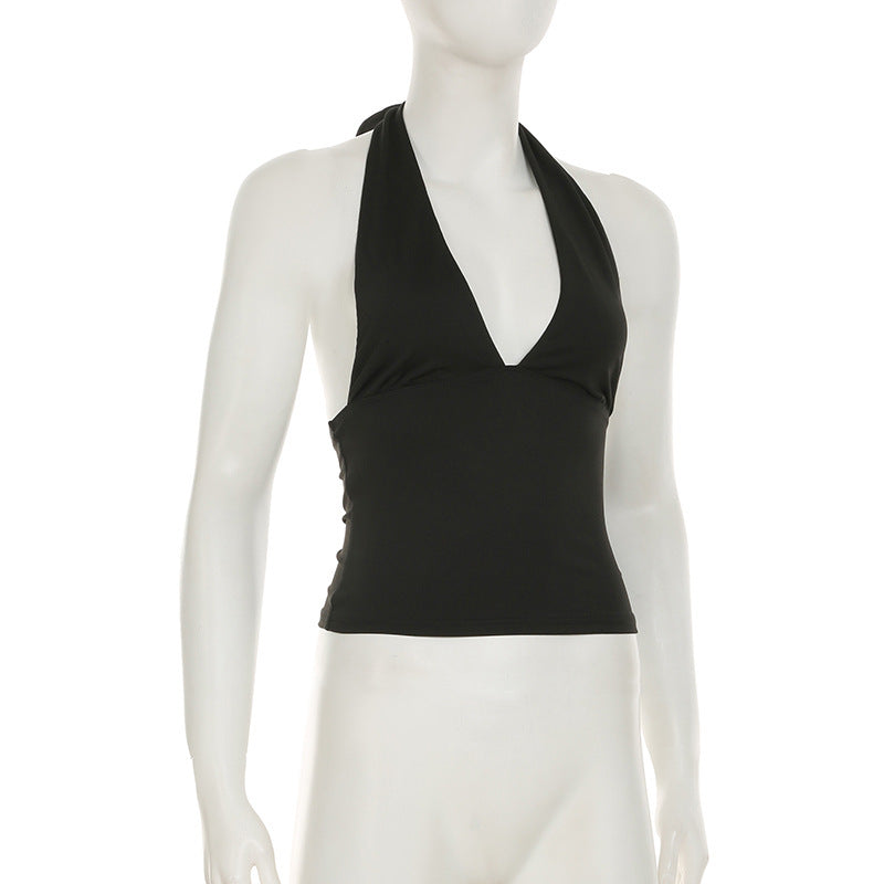 Tie Neck Backless Halter Camisole - Black-2 - 3