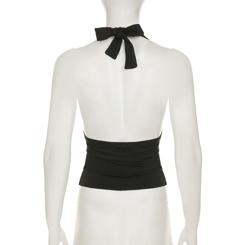Tie Neck Backless Halter Camisole - Black-2 - 4
