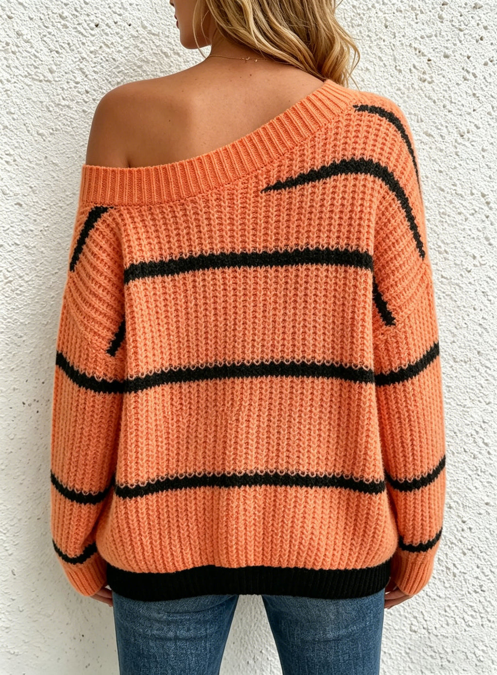 Slouchy Striped Ribbed Knit Sweater - Orange - 2