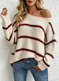 Slouchy Striped Ribbed Knit Sweater - Wine