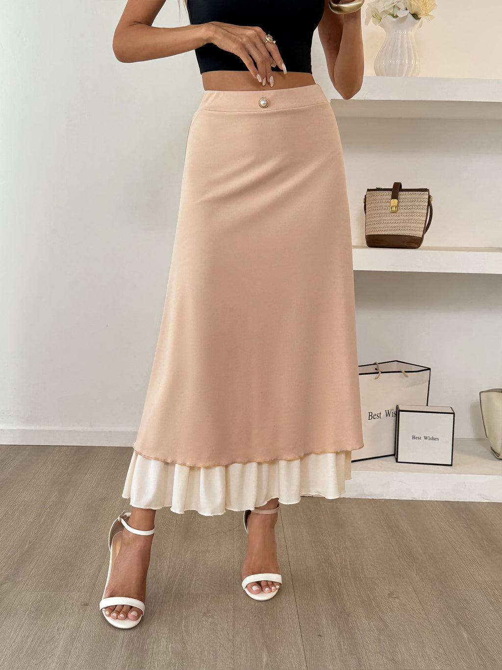 Pleated Ruffle Hem A-Line Midi Skirt - Khaki - 1