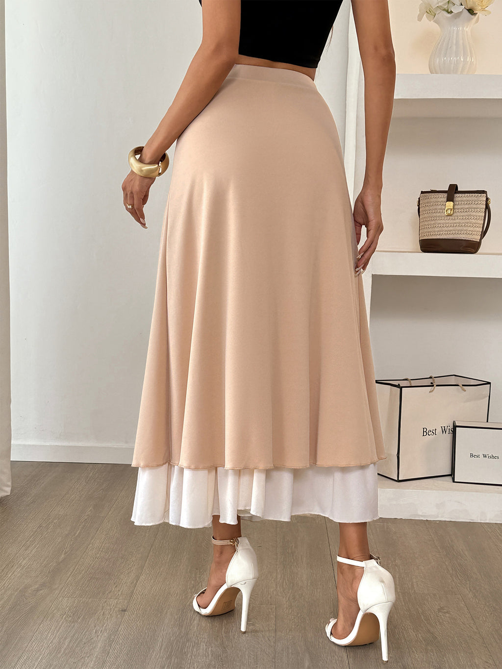Pleated Ruffle Hem A-Line Midi Skirt - Khaki - 2
