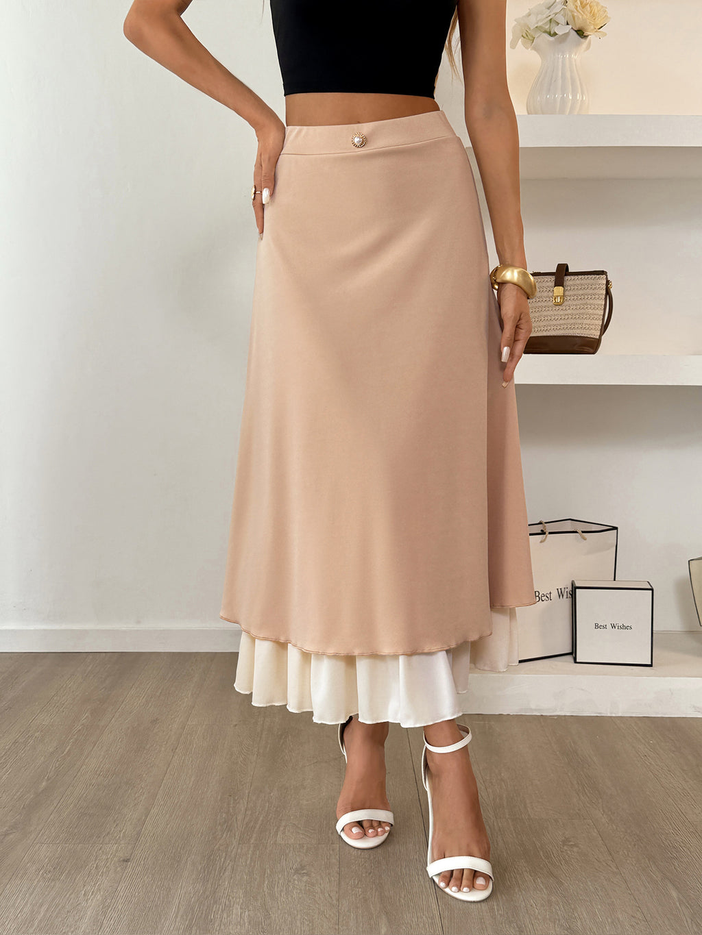 Pleated Ruffle Hem A-Line Midi Skirt