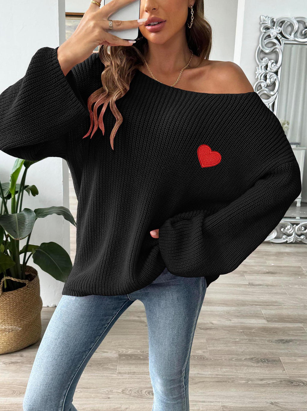 Slouchy Bell Sleeve Ribbed Heart Sweater - Black