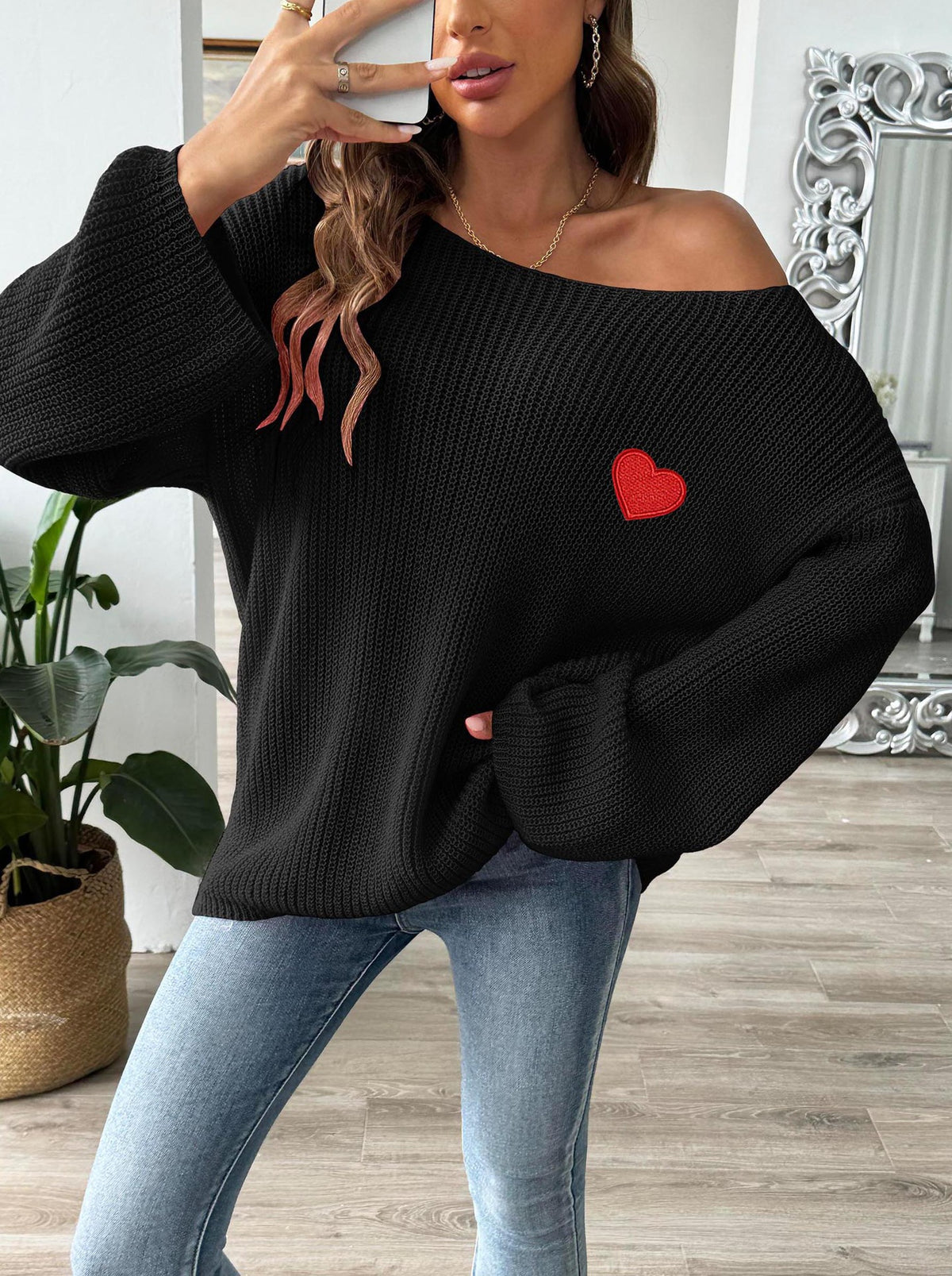 Slouchy Bell Sleeve Ribbed Heart Sweater - Black