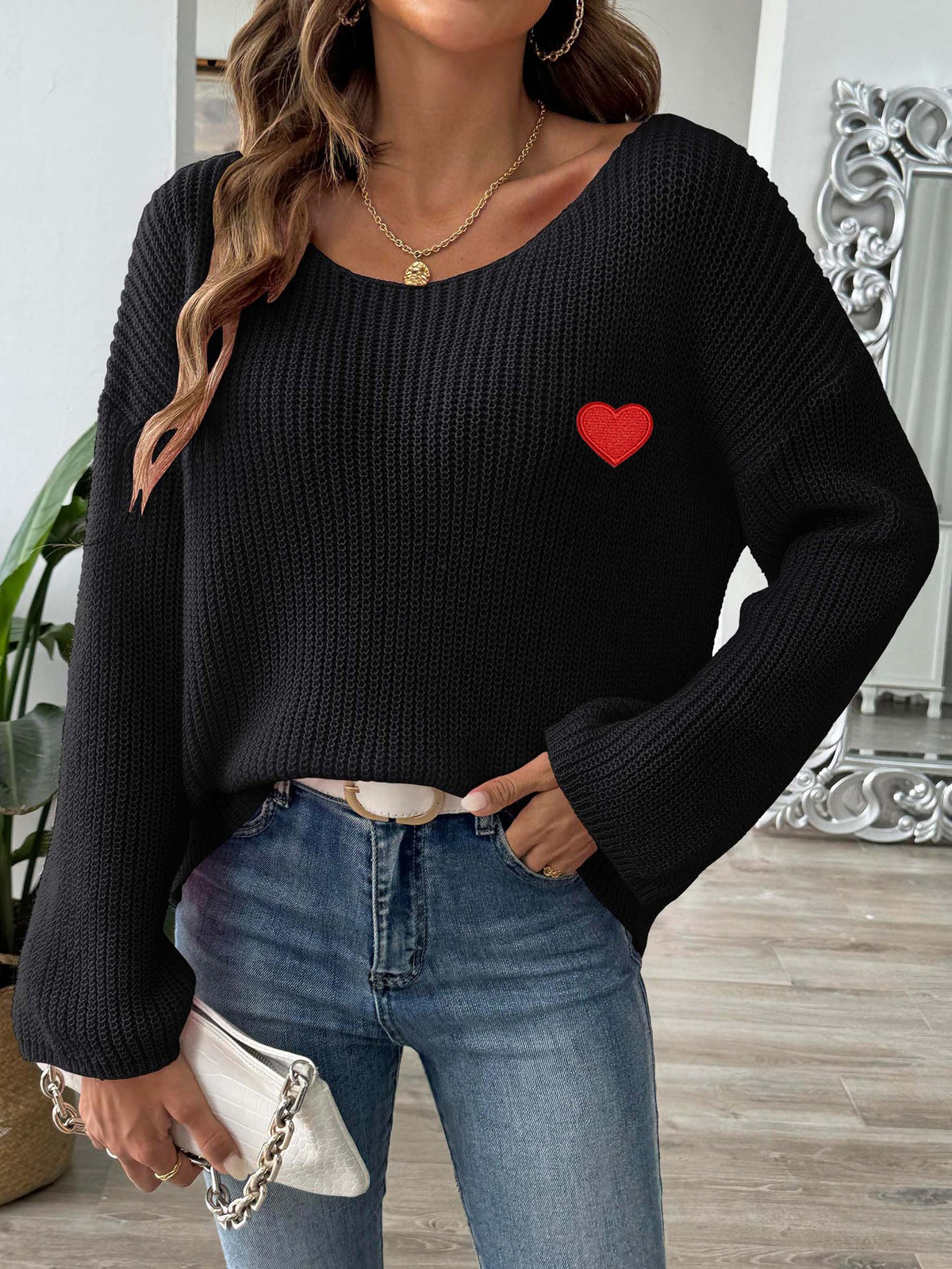 Slouchy Bell Sleeve Ribbed Heart Sweater - Black - 1