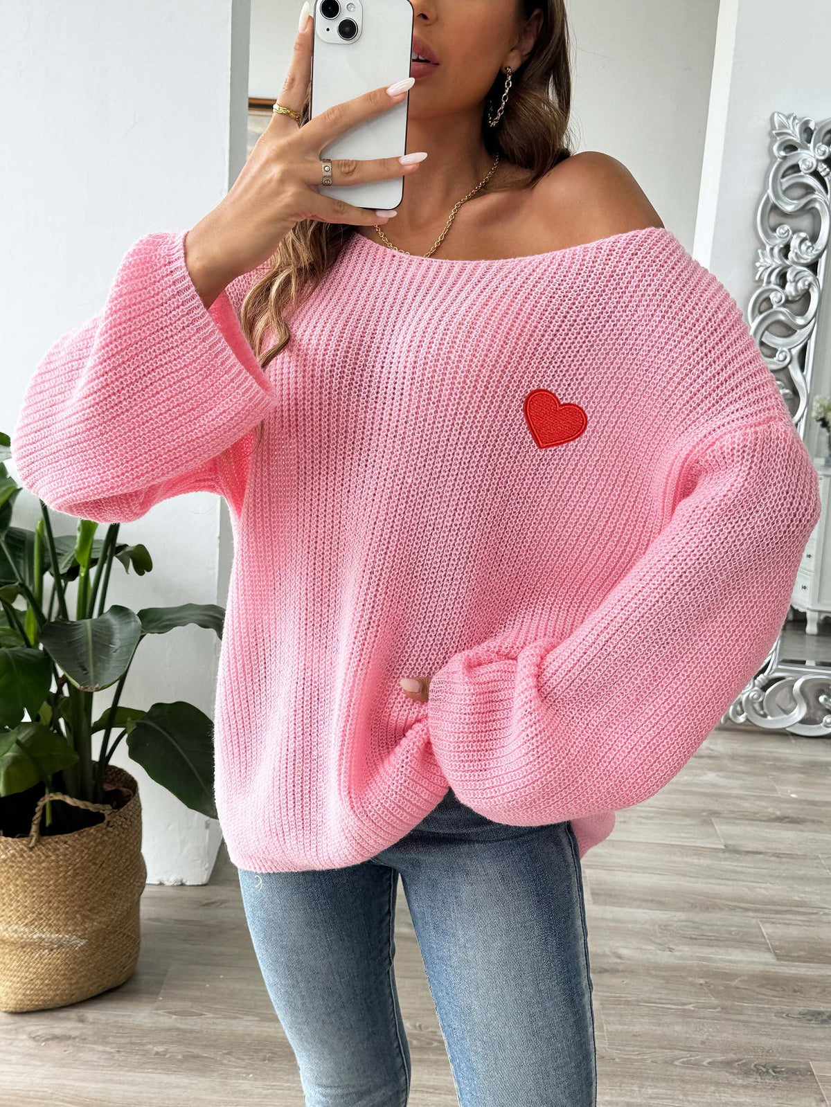 Slouchy Bell Sleeve Ribbed Heart Sweater - Pink