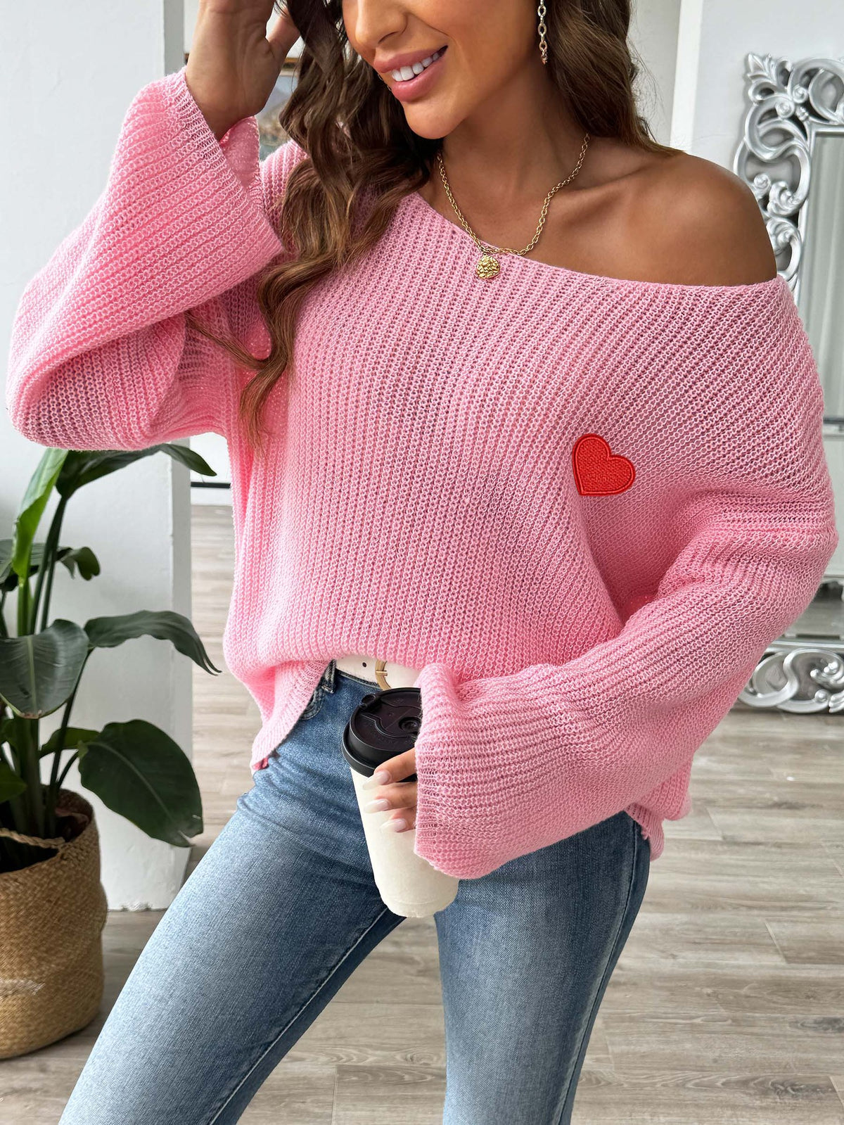 Slouchy Bell Sleeve Ribbed Heart Sweater - Pink - 1