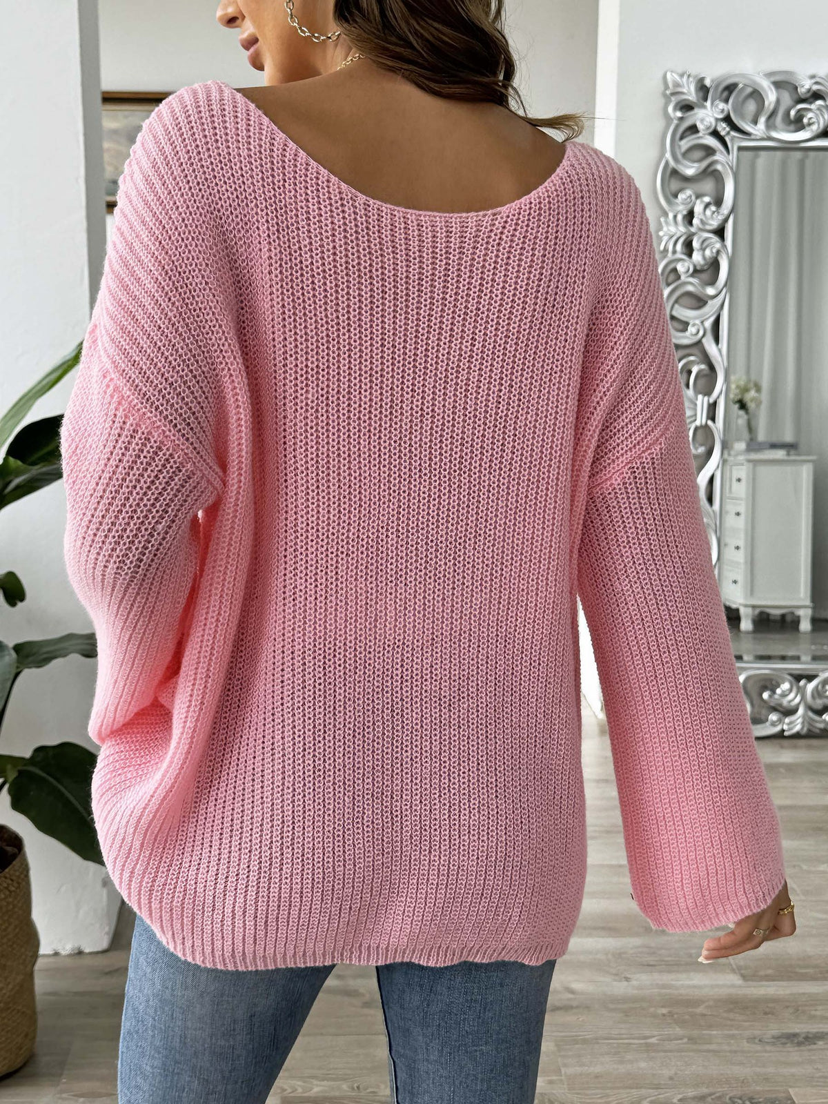 Slouchy Bell Sleeve Ribbed Heart Sweater - Pink - 2