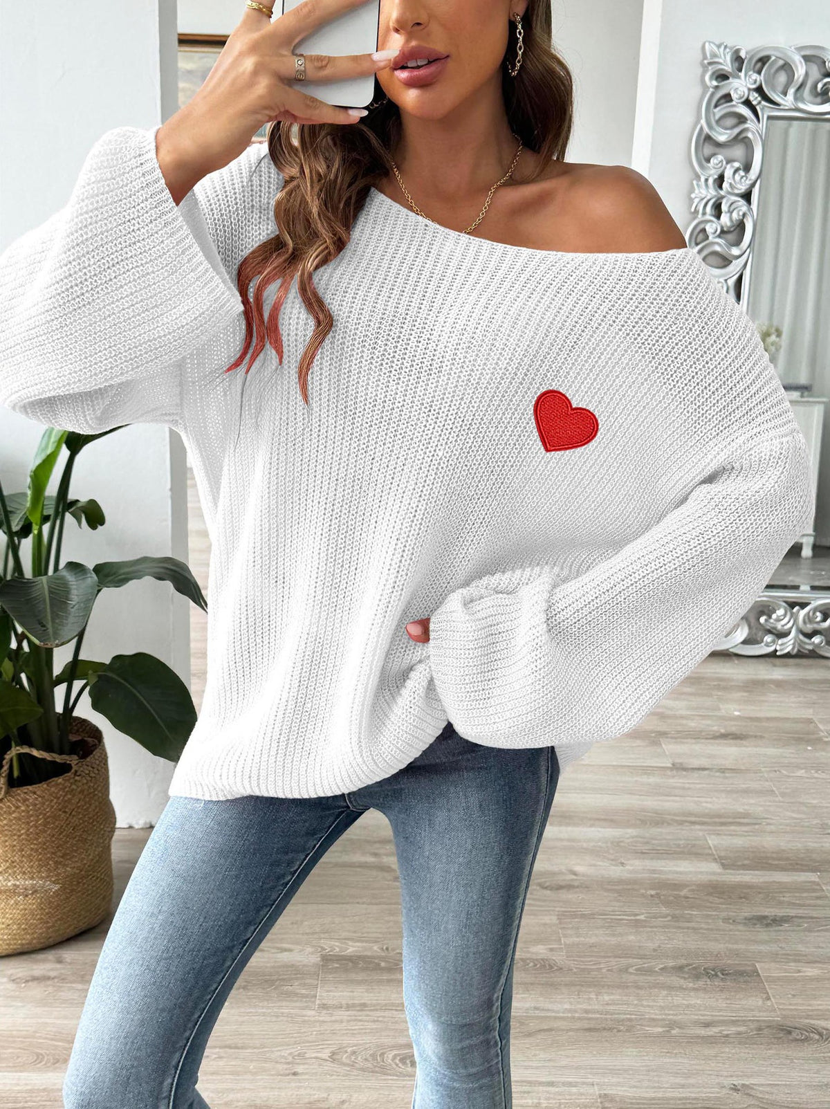 Slouchy Bell Sleeve Ribbed Heart Sweater - White