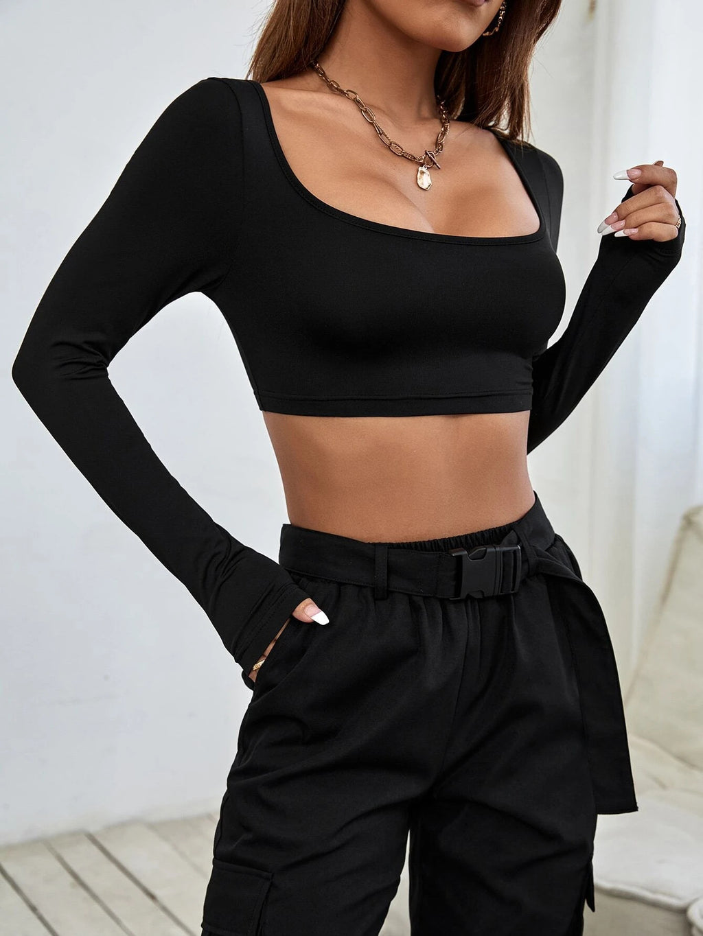 Square Neck Ultra Cropped Knit Top - Black - 2